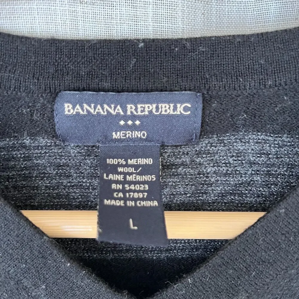 Banana Republic Black Gray Striped Merino Wool Sweater